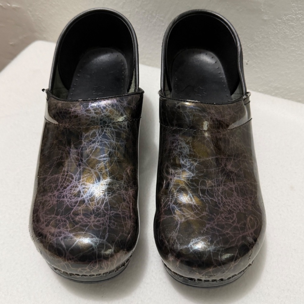 Dansko Iridescent Black Purple Leather Clogs